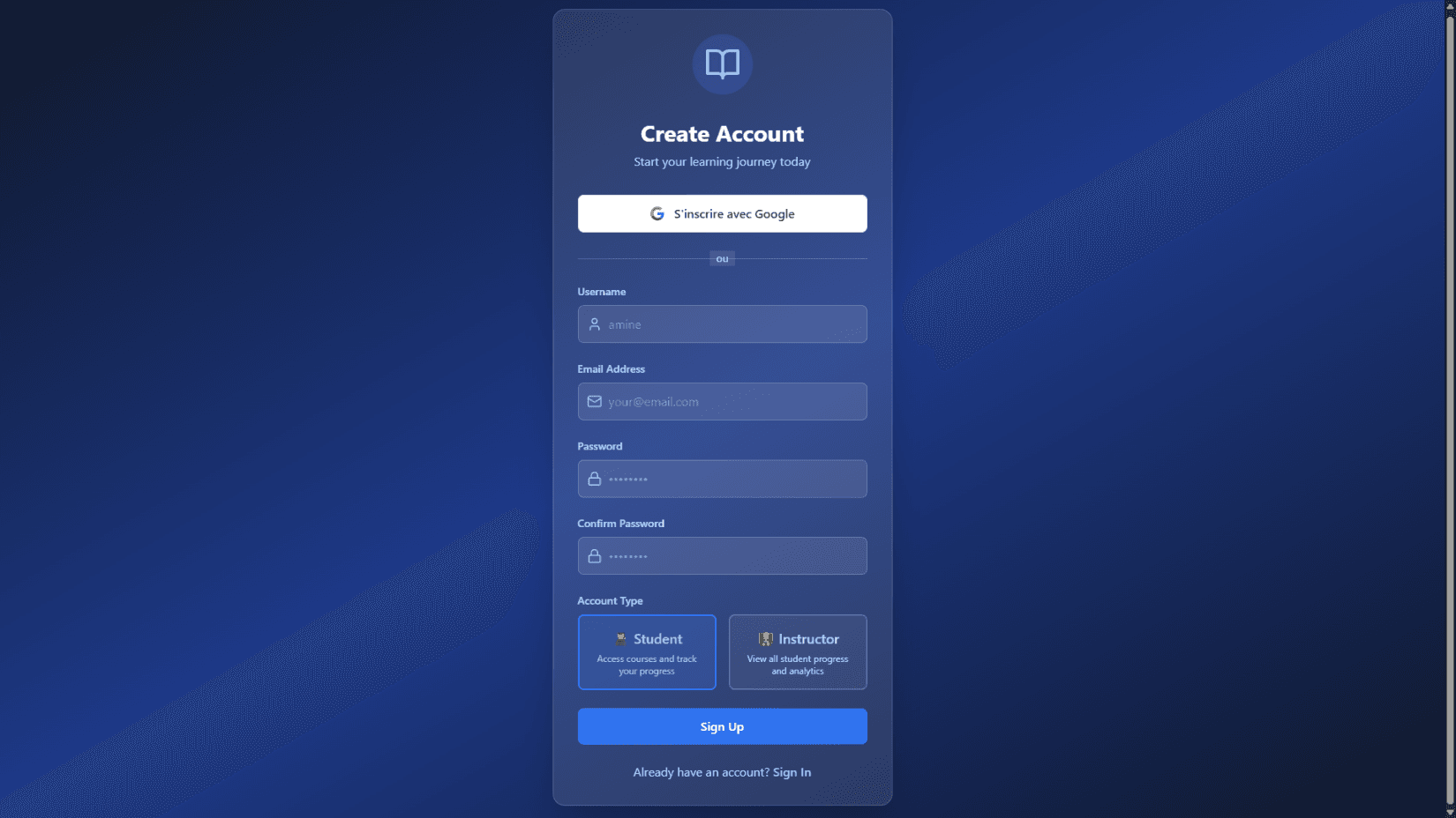 Page de création de compte avec choix du rôle