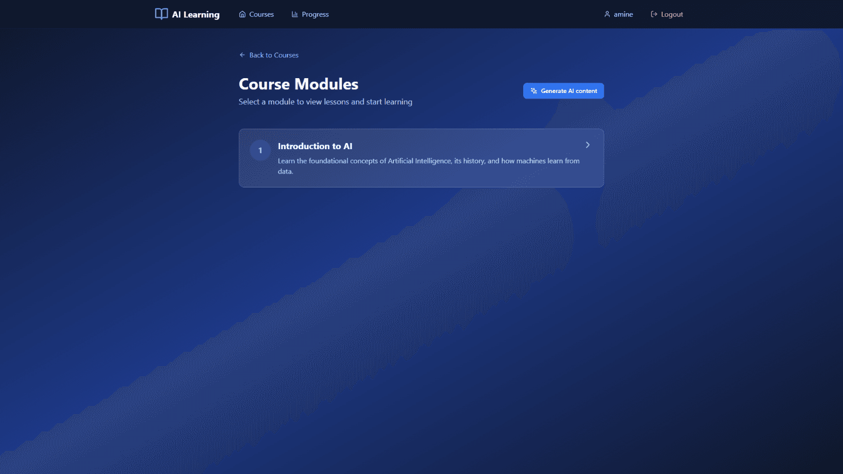 Modules d'un cours avec génération de contenu IA