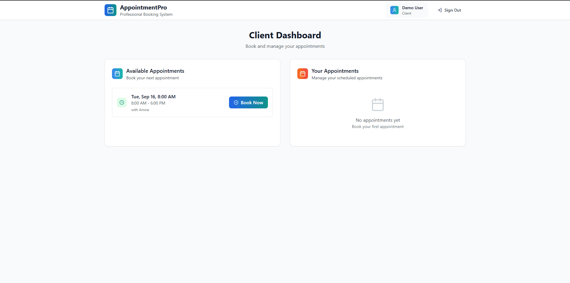 Tableau de bord client avec les créneaux disponibles