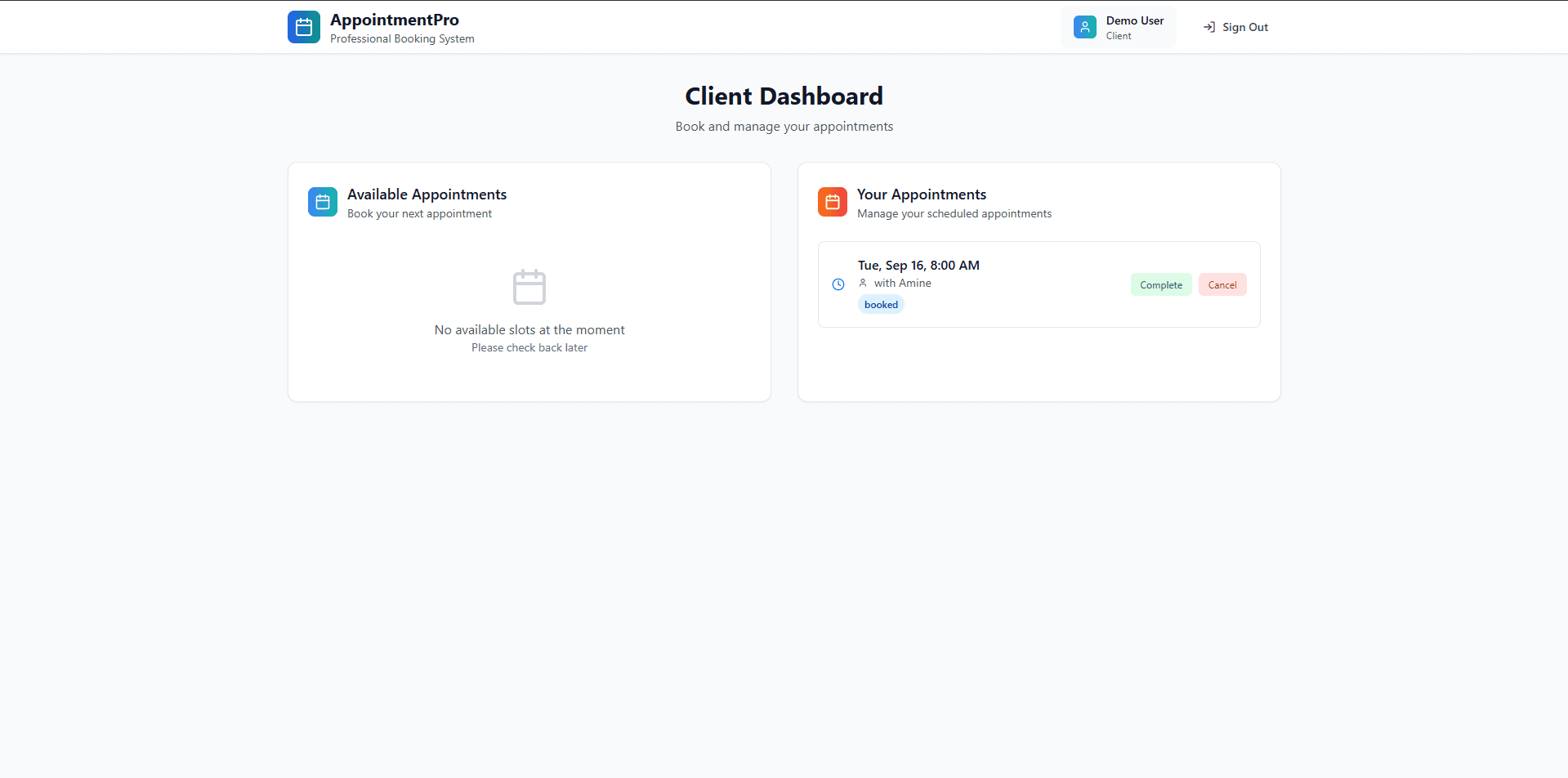 Rendez-vous réservé côté client avec actions de gestion