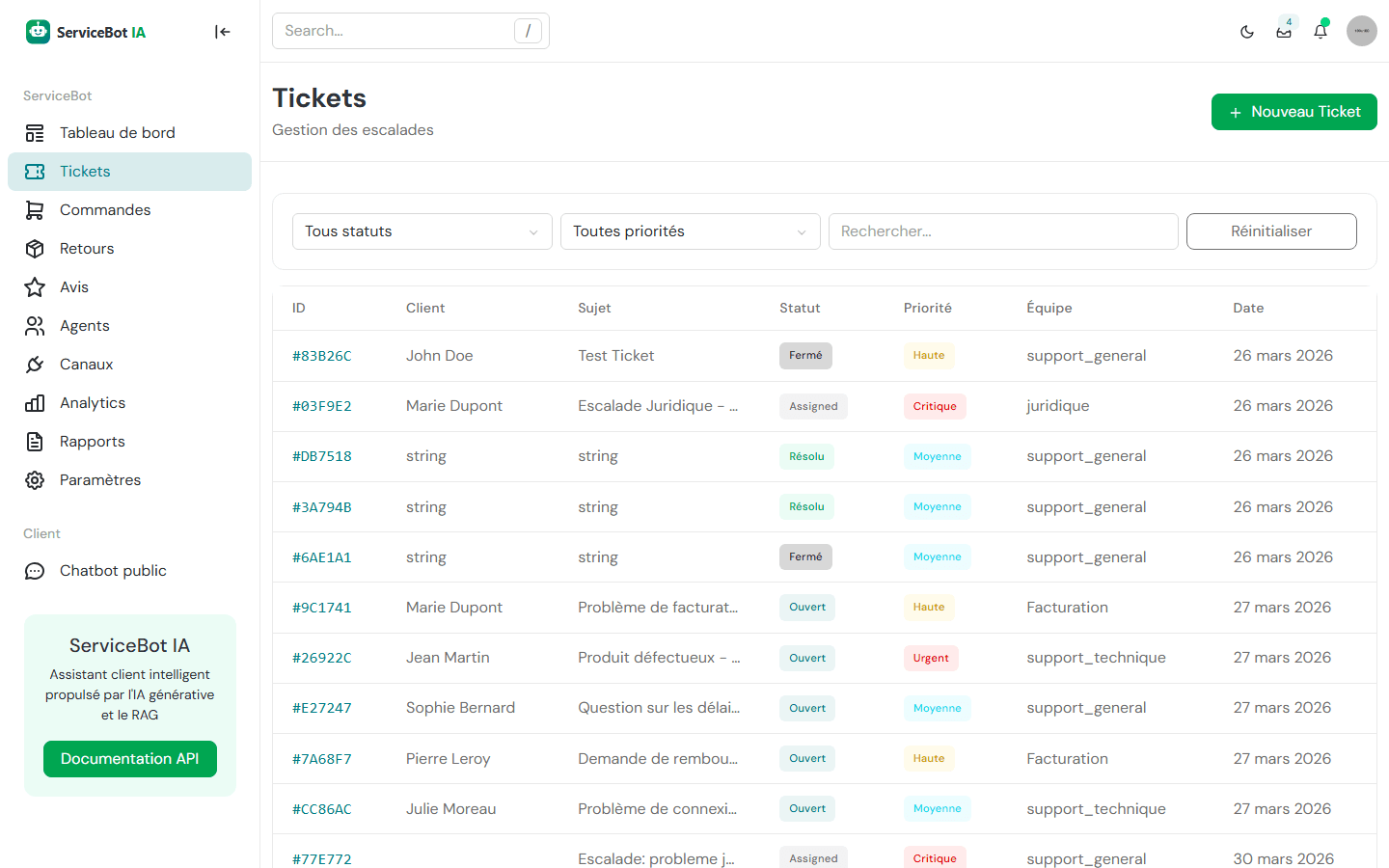 Gestion des tickets d'escalade dans ServiceBot IA